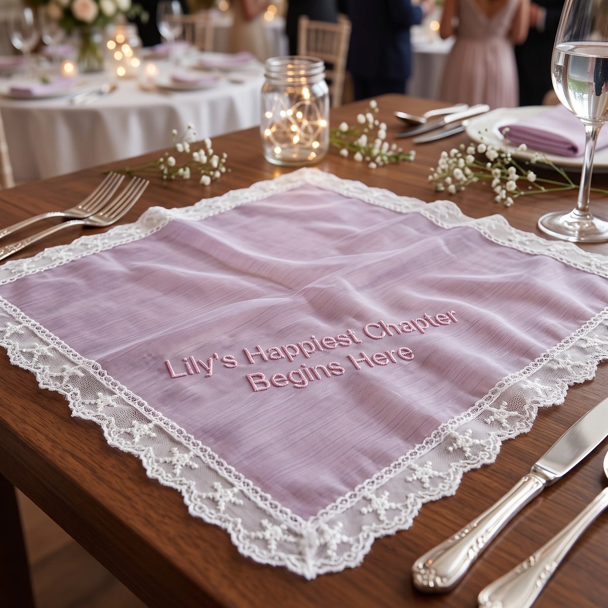 "Lily's Happiest Chapter" personalized wedding handkerchief, pink embroidery on iridescent lilac organza with lace edge