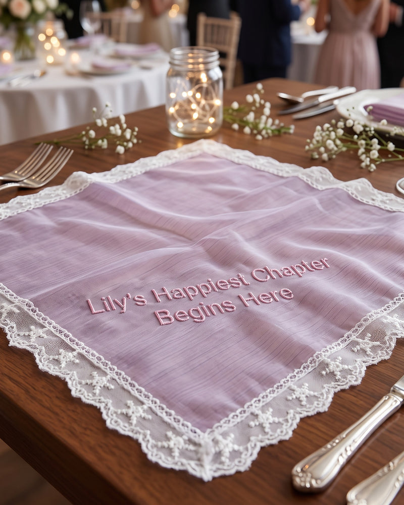 Wholesale "Lily's Happiest Chapter Begins Here" Wedding Handkerchief, Iridescent Lilac Organza | Bulk Personalized Handkerchiefs, 15+ Pieces