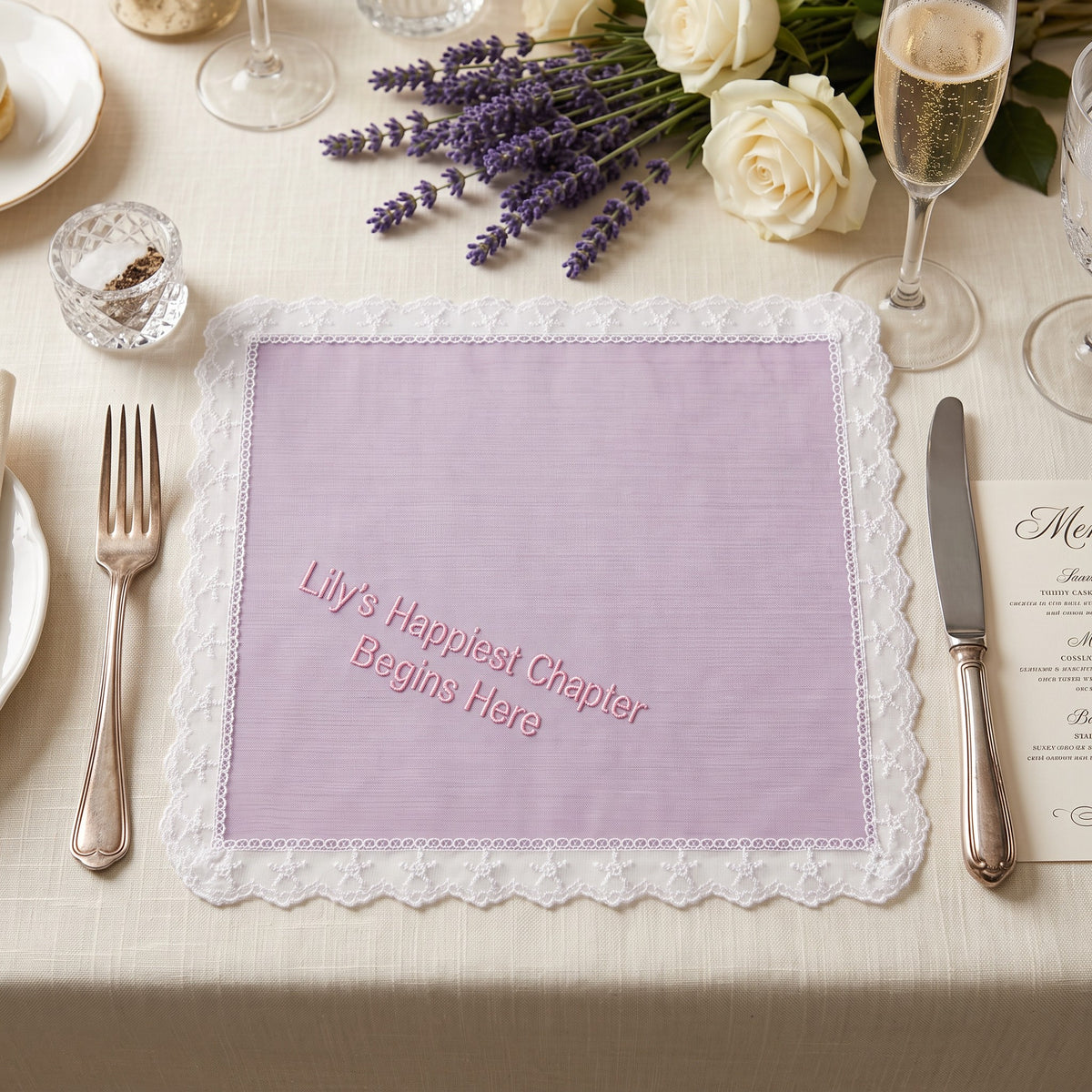 "Lily's Happiest Chapter" personalized wedding handkerchief, pink embroidery on iridescent lilac organza with lace edge — photo 2