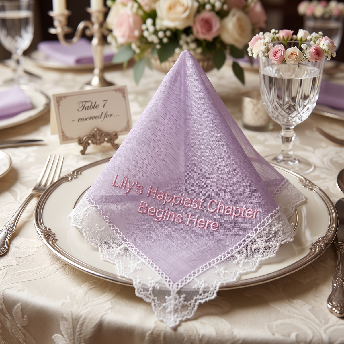 "Lily's Happiest Chapter" personalized wedding handkerchief, pink embroidery on iridescent lilac organza with lace edge — photo 4