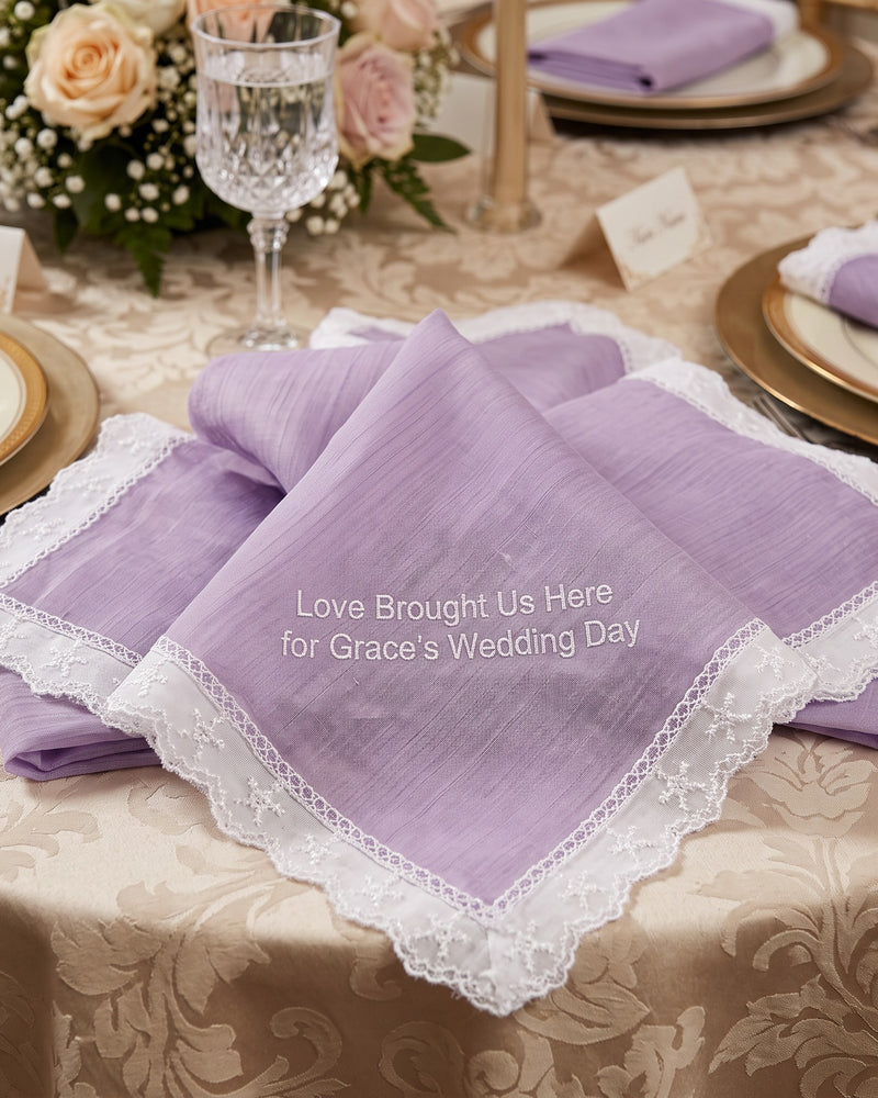 "Love Brought Us Here for Grace's Wedding Day" Wedding Handkerchief | Personalized Embroidered Organza Handkerchief, White on Iridescent Lilac Organza