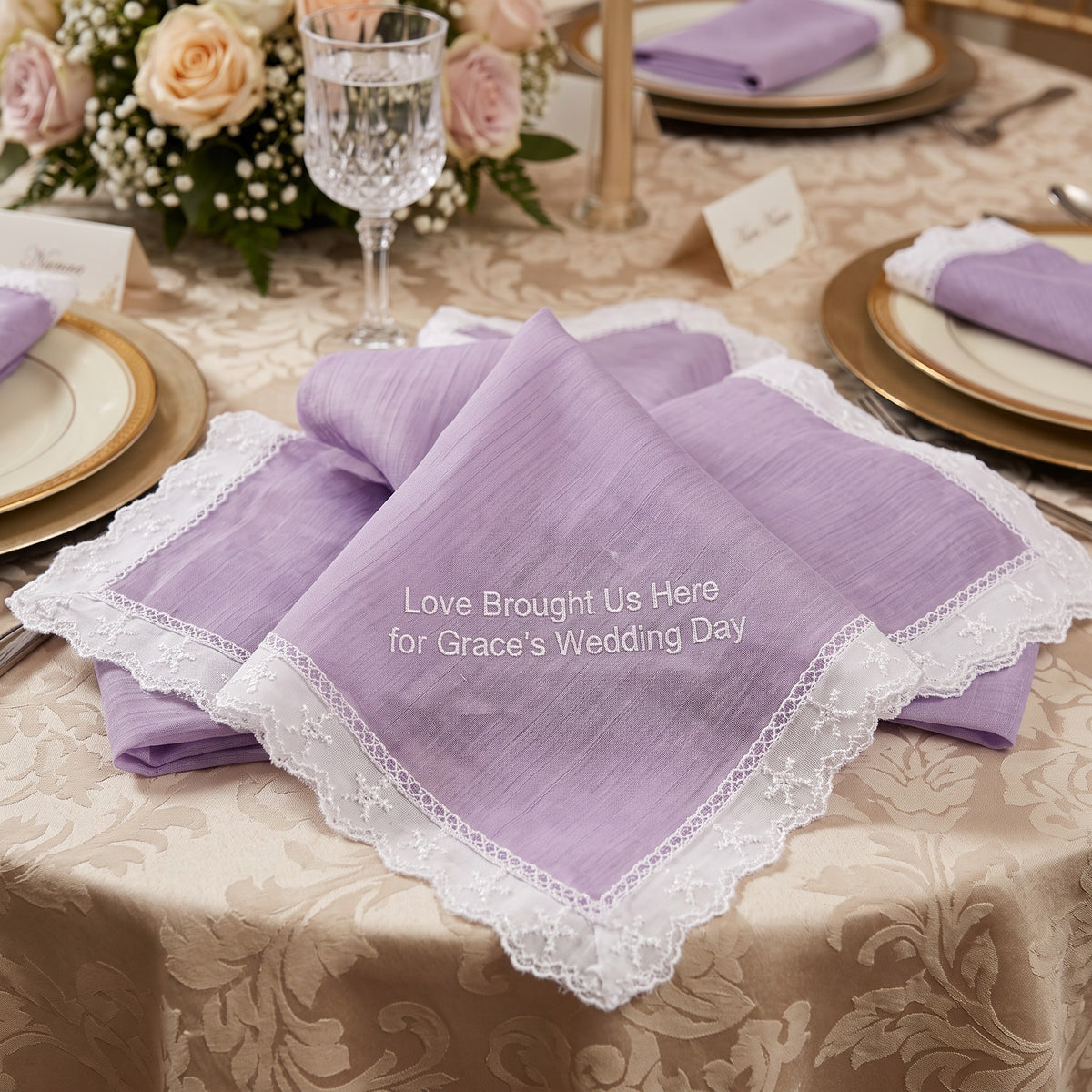 "Love Brought Us Here" personalized wedding handkerchief, white embroidery on iridescent lilac organza with lace edge