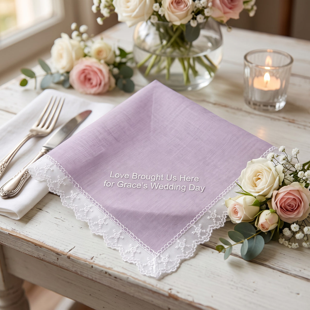 "Love Brought Us Here" personalized wedding handkerchief, white embroidery on iridescent lilac organza with lace edge — photo 2