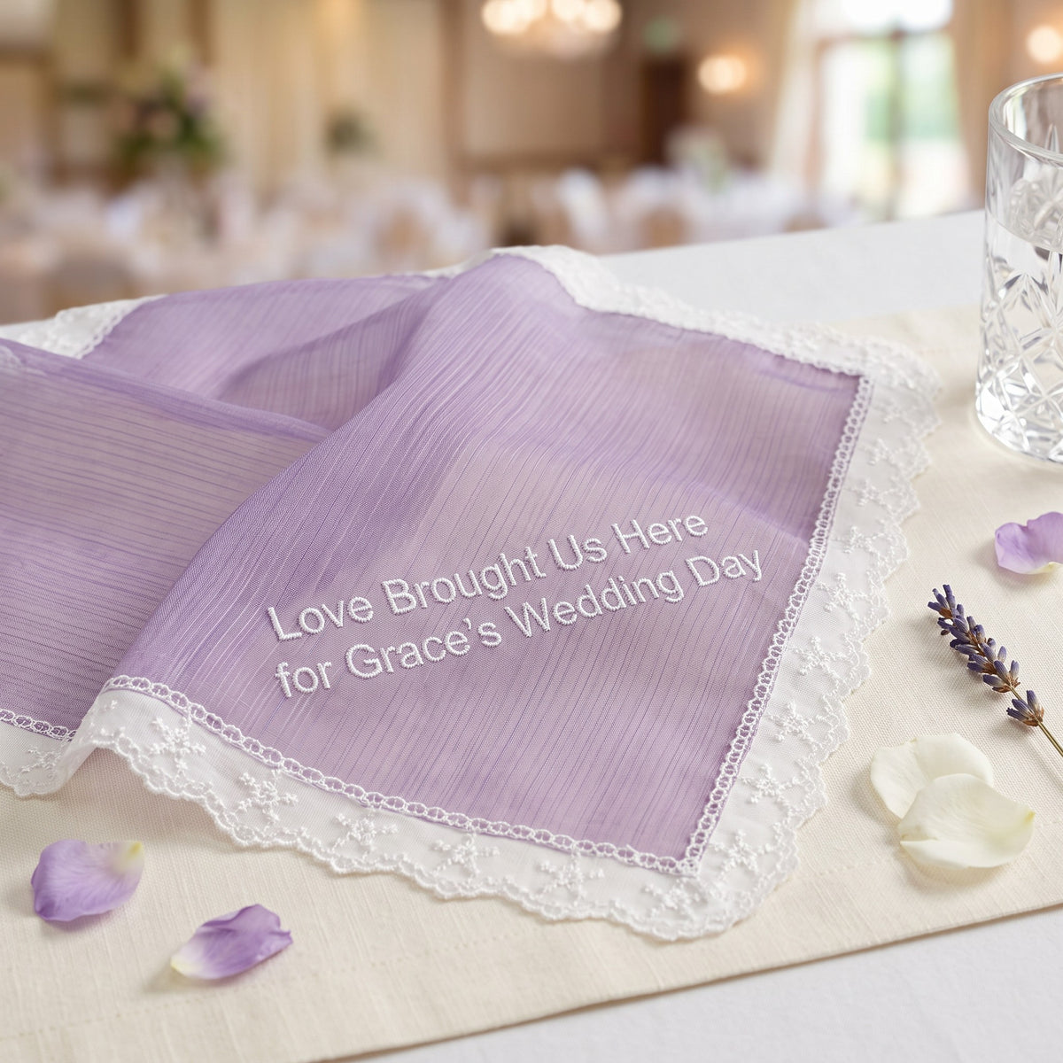 "Love Brought Us Here" personalized wedding handkerchief, white embroidery on iridescent lilac organza with lace edge — photo 4