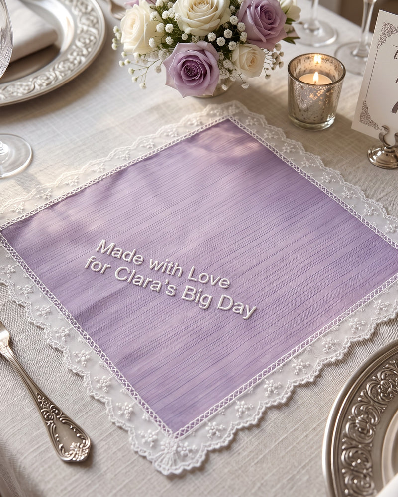 "Made with Love for Clara's Big Day" Wedding Handkerchief | Personalized Embroidered Organza Handkerchief, White on Iridescent Lilac Organza