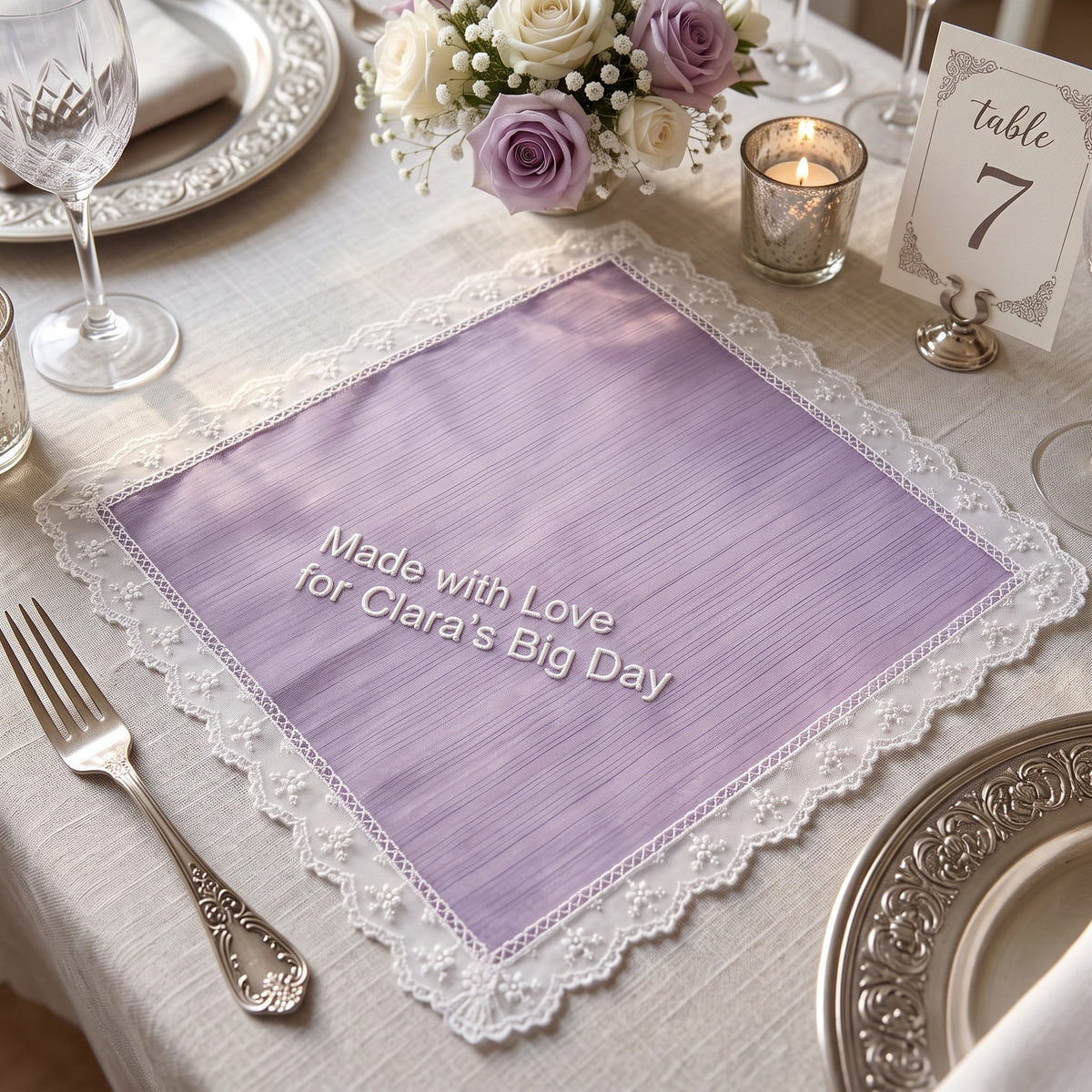 "Made with Love" personalized wedding handkerchief, white embroidery on iridescent lilac organza with lace edge
