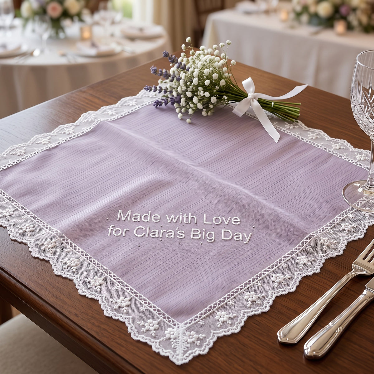 "Made with Love" personalized wedding handkerchief, white embroidery on iridescent lilac organza with lace edge — photo 2