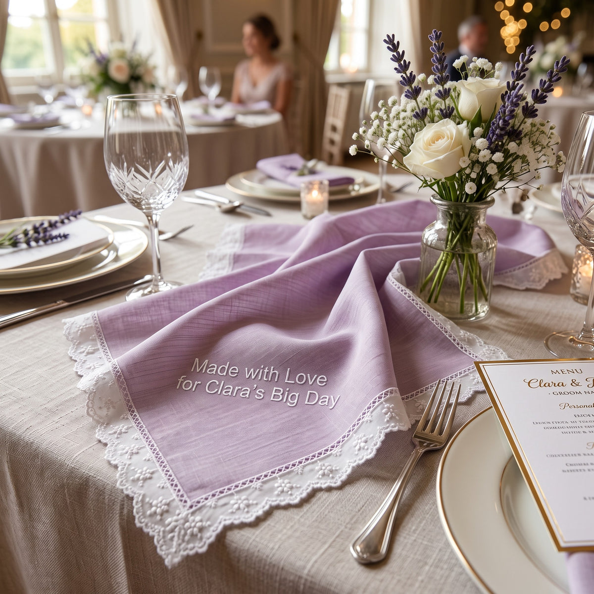 "Made with Love" personalized wedding handkerchief, white embroidery on iridescent lilac organza with lace edge — photo 4