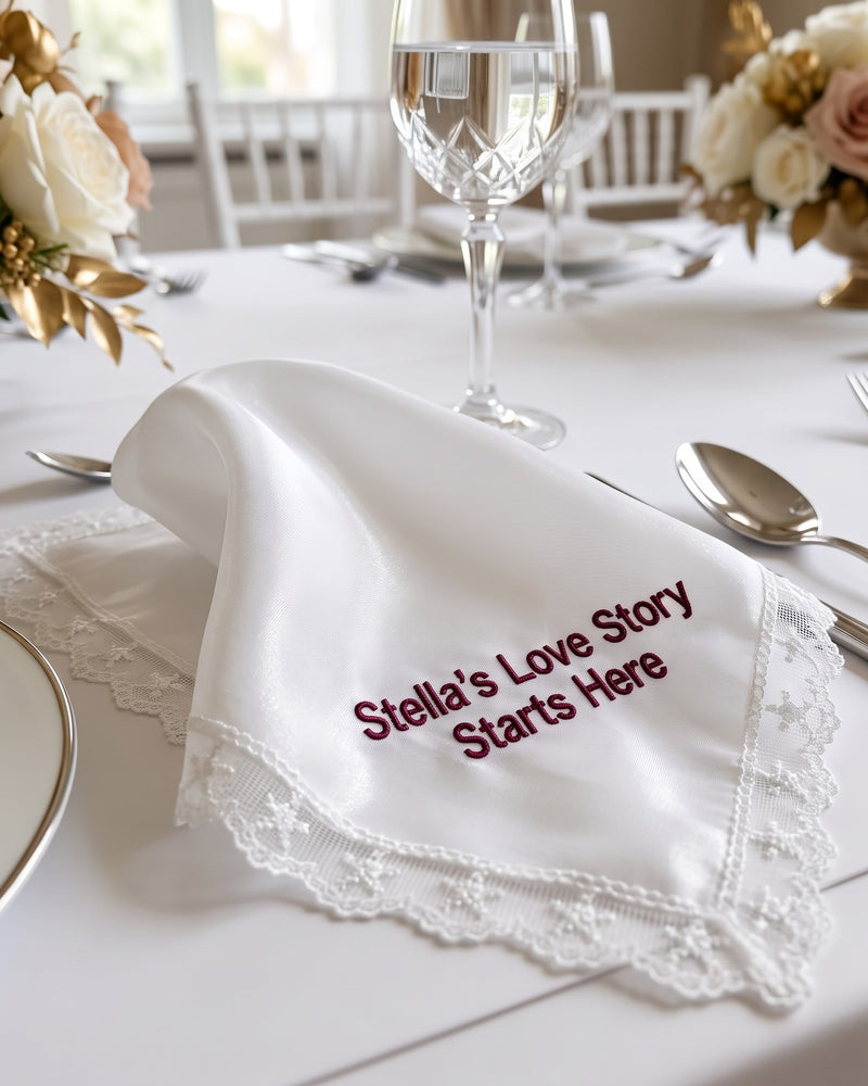 "Stella's Love Story Starts Here" Wedding Handkerchief | Personalized Embroidered Organza Handkerchief, Burgundy on White Organza