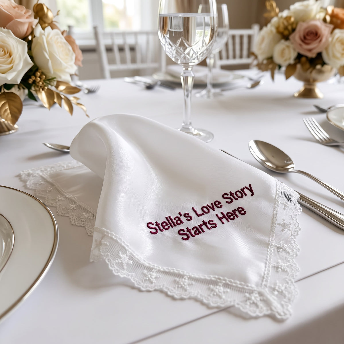 "Stella's Love Story" personalized wedding handkerchief, burgundy embroidery on white organza with lace edge