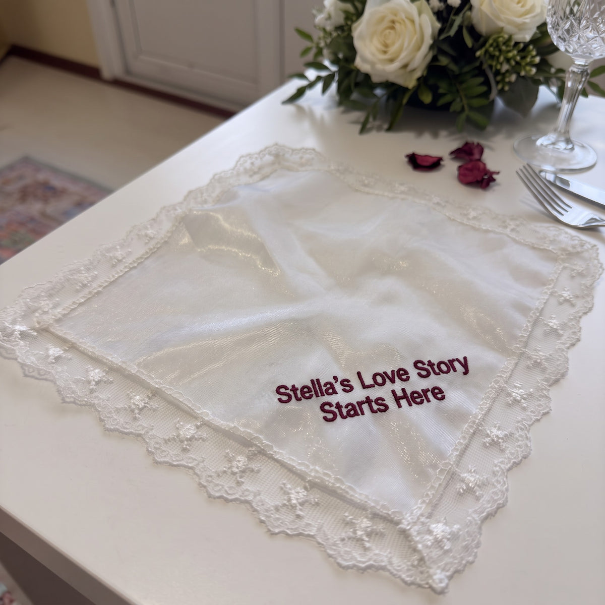 "Stella's Love Story" personalized wedding handkerchief, burgundy embroidery on white organza with lace edge — photo 2