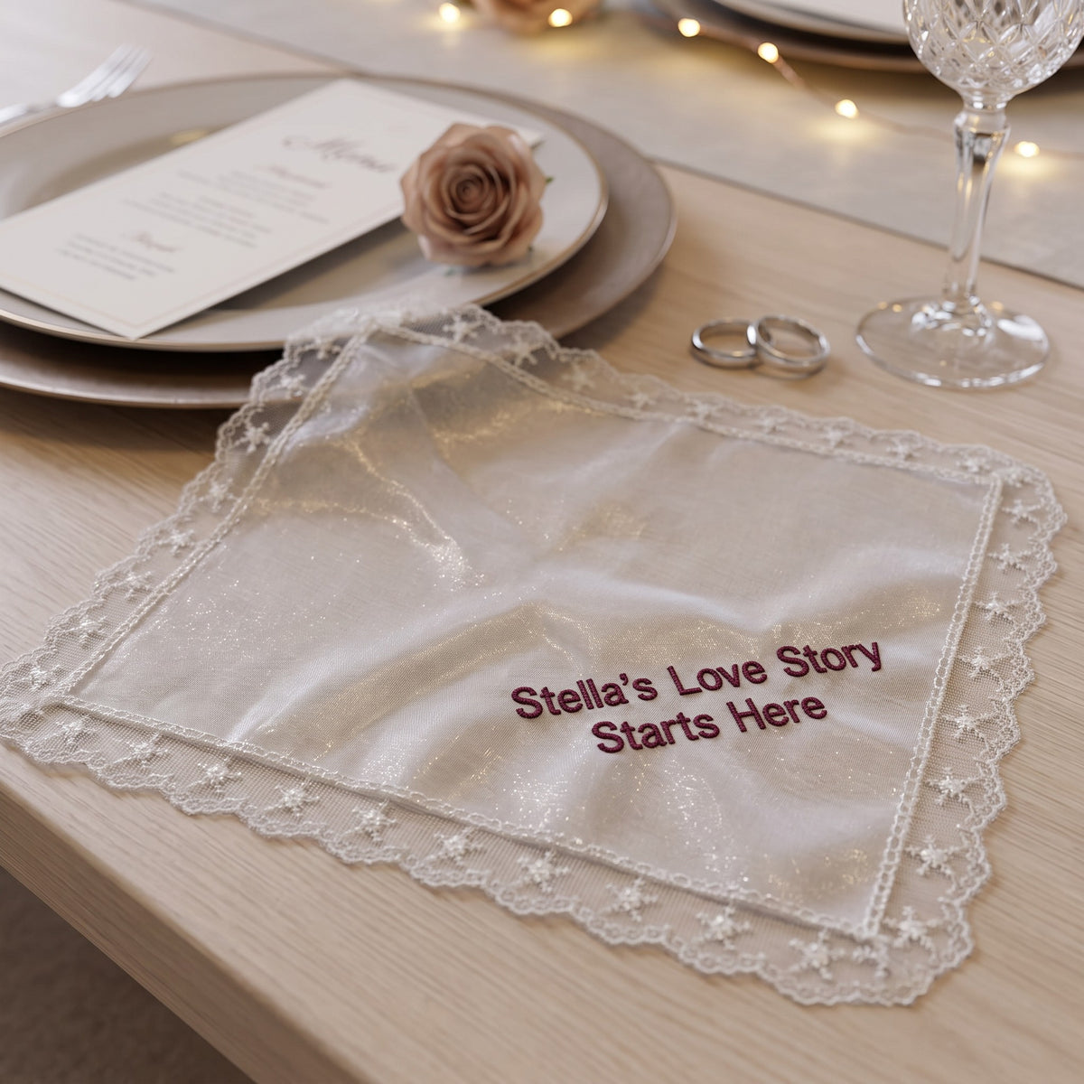 "Stella's Love Story" personalized wedding handkerchief, burgundy embroidery on white organza with lace edge — photo 3