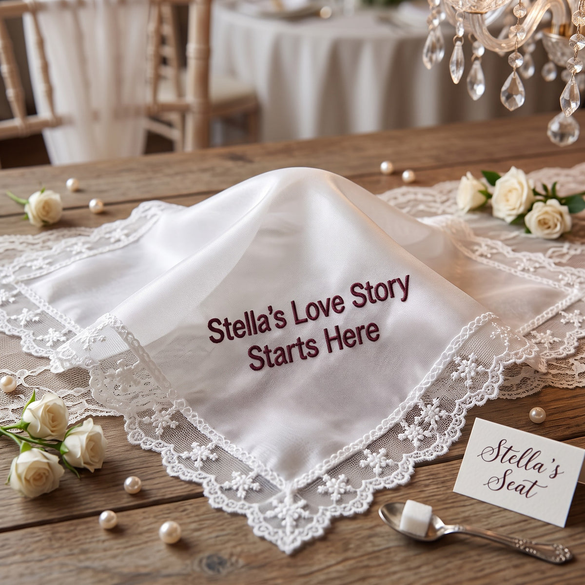 "Stella's Love Story" personalized wedding handkerchief, burgundy embroidery on white organza with lace edge — photo 4