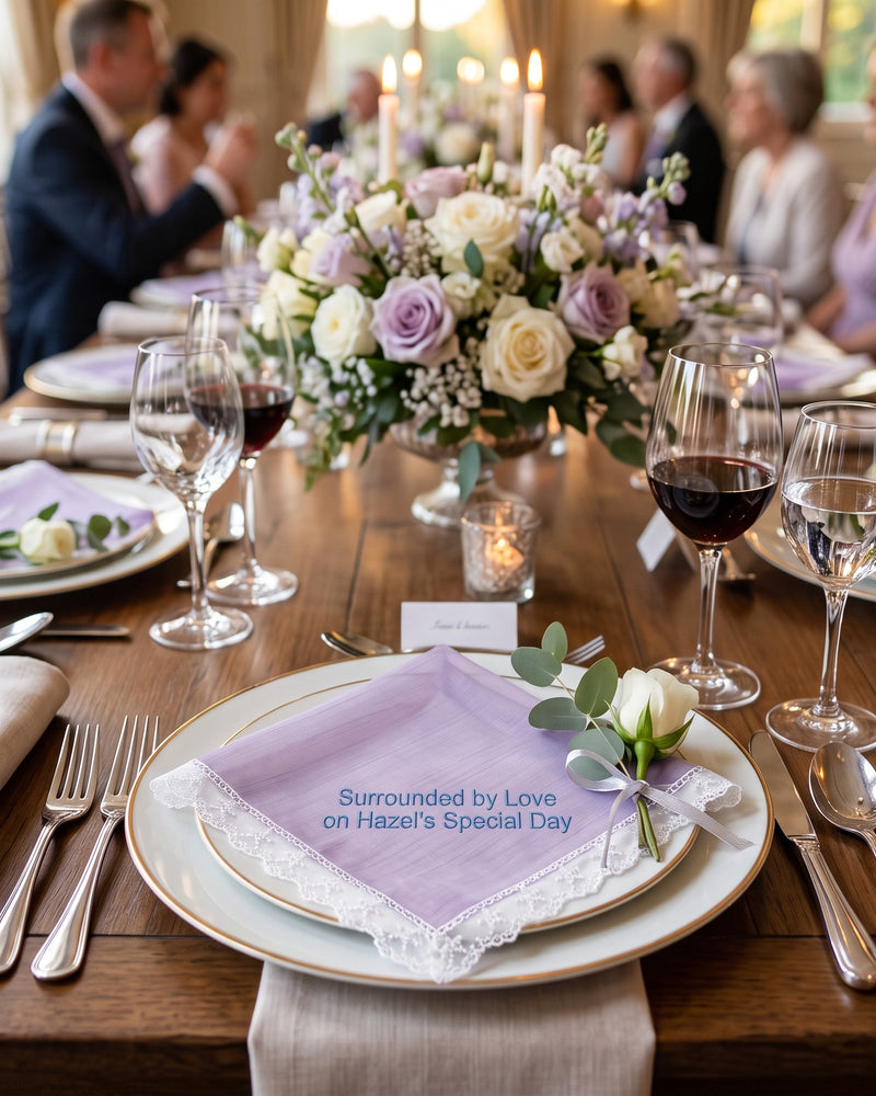 "Surrounded by Love on Hazel's Special Day" Wedding Handkerchief | Personalized Embroidered Organza Handkerchief, Light Blue on Iridescent Lilac Organza