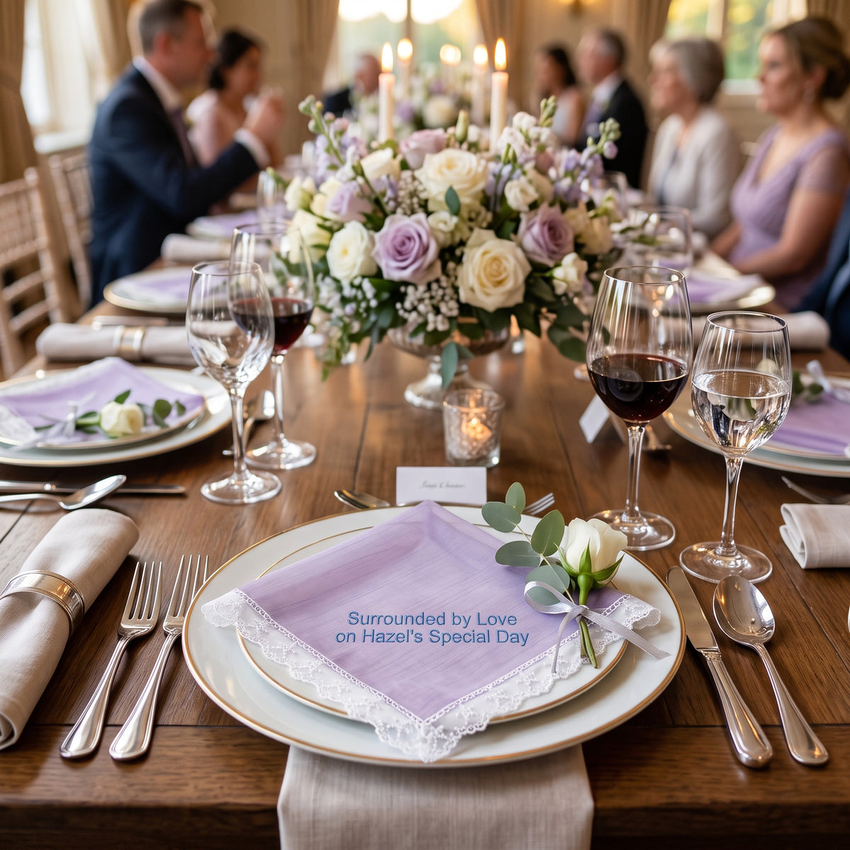"Surrounded by Love" personalized wedding handkerchief, light blue embroidery on iridescent lilac organza with lace edge