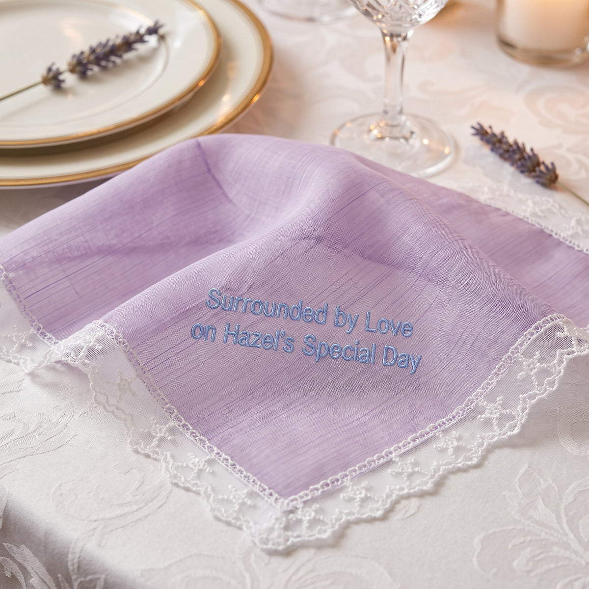 "Surrounded by Love" personalized wedding handkerchief, light blue embroidery on iridescent lilac organza with lace edge — photo 2