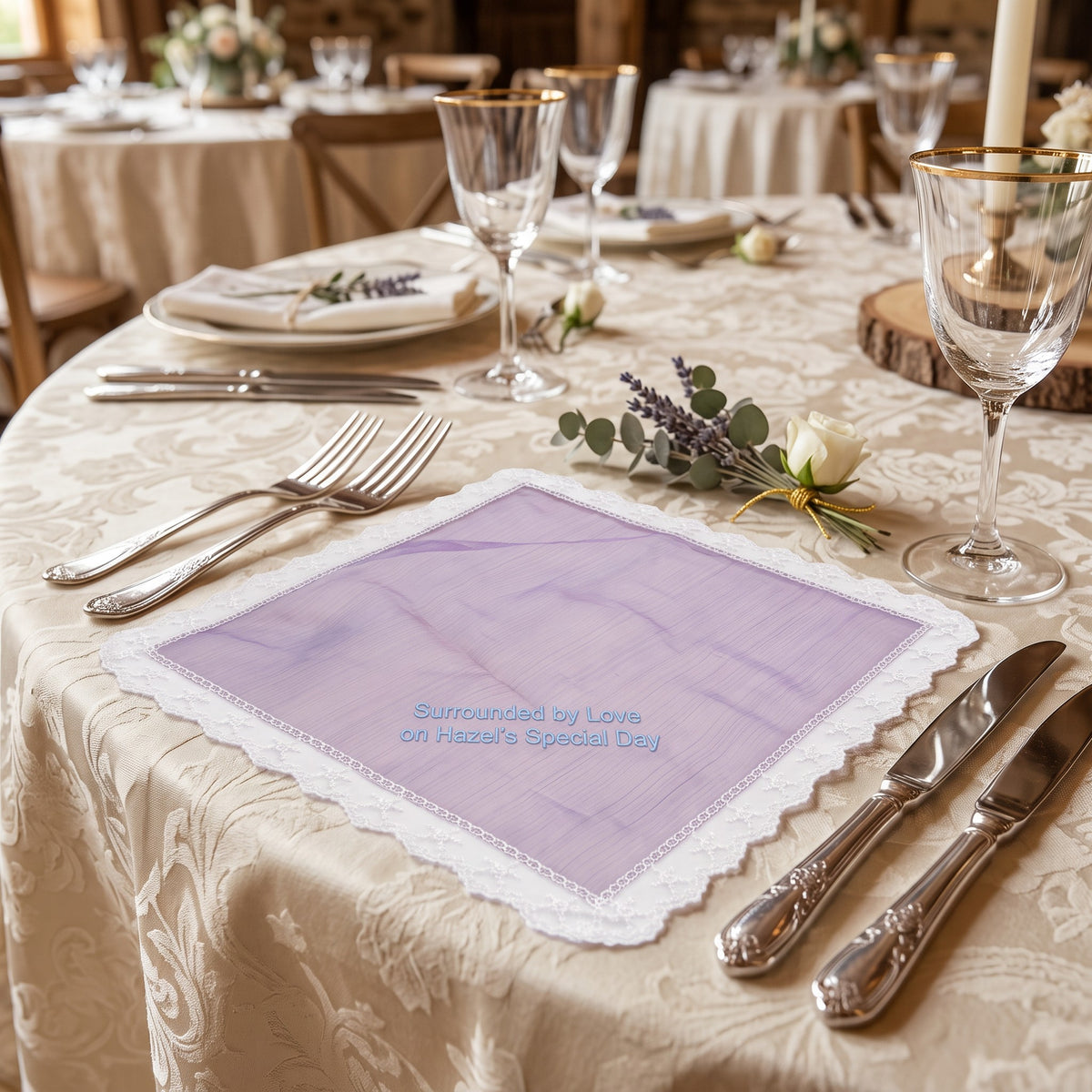 "Surrounded by Love" personalized wedding handkerchief, light blue embroidery on iridescent lilac organza with lace edge — photo 3