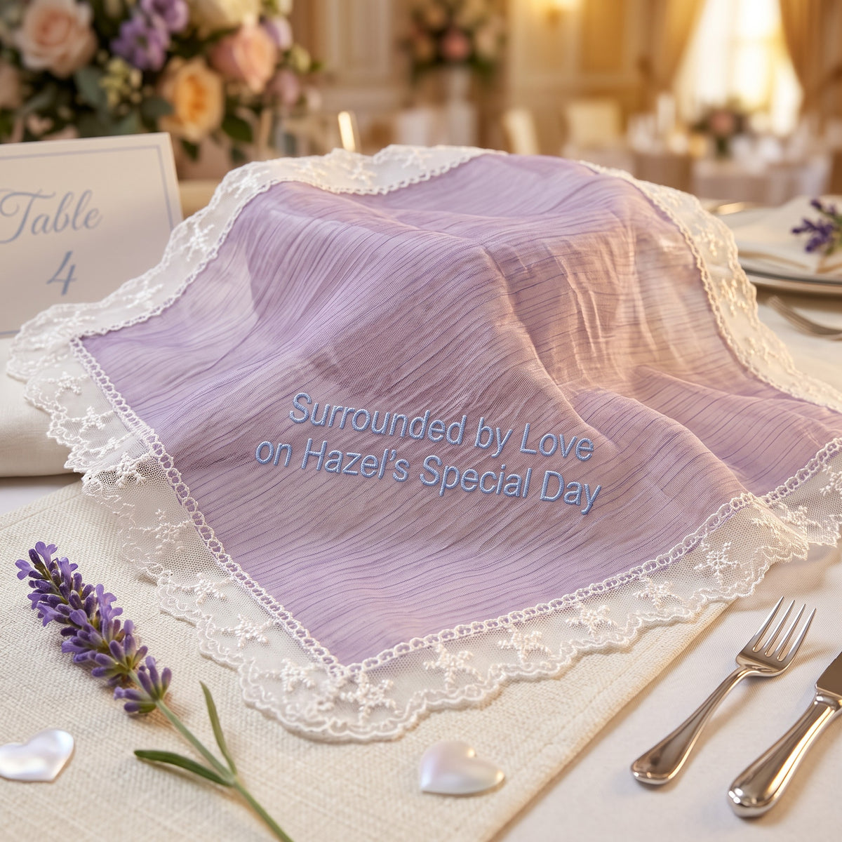 "Surrounded by Love" personalized wedding handkerchief, light blue embroidery on iridescent lilac organza with lace edge — photo 4