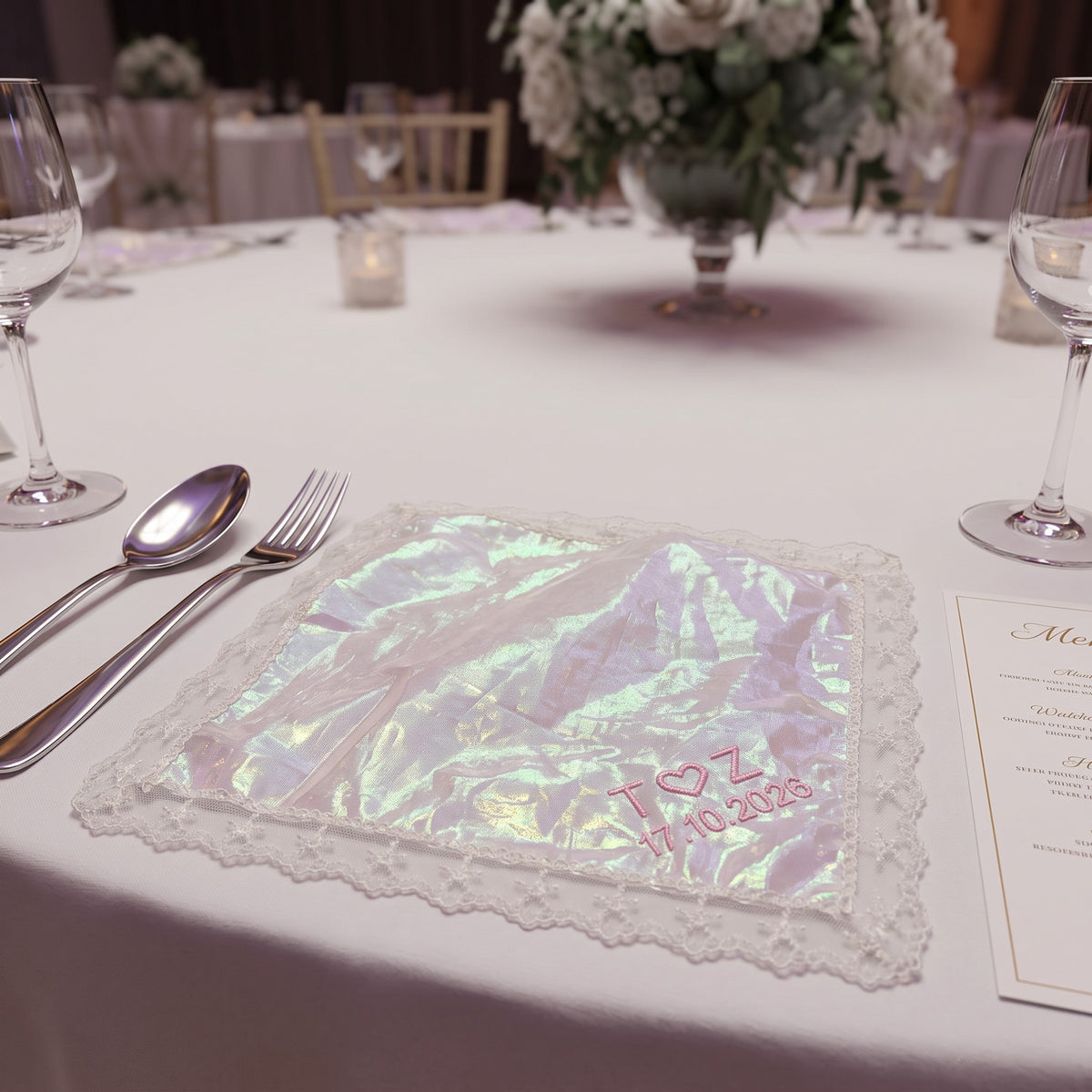 T heart Z initials personalized wedding handkerchief, pink embroidery on rainbow organza with lace edge