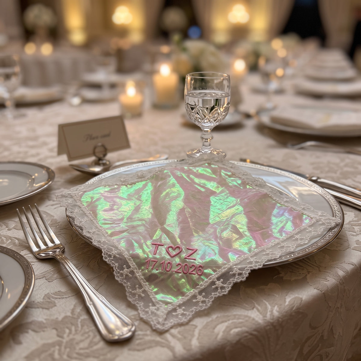 T heart Z initials personalized wedding handkerchief, pink embroidery on rainbow organza with lace edge — photo 3