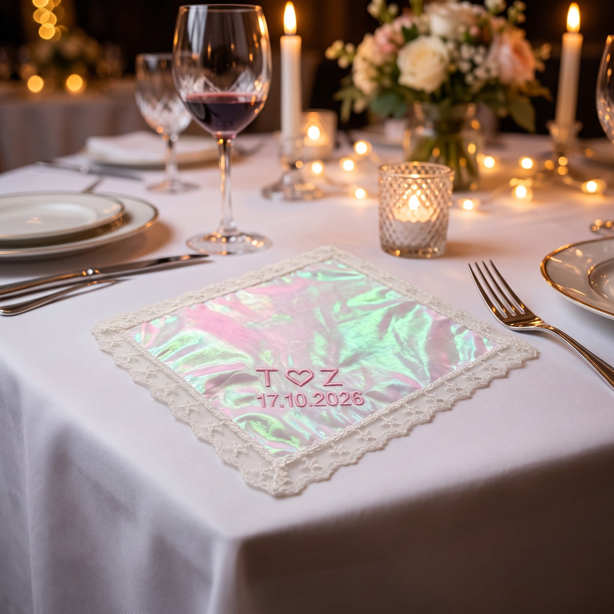 T heart Z initials personalized wedding handkerchief, pink embroidery on rainbow organza with lace edge — photo 4