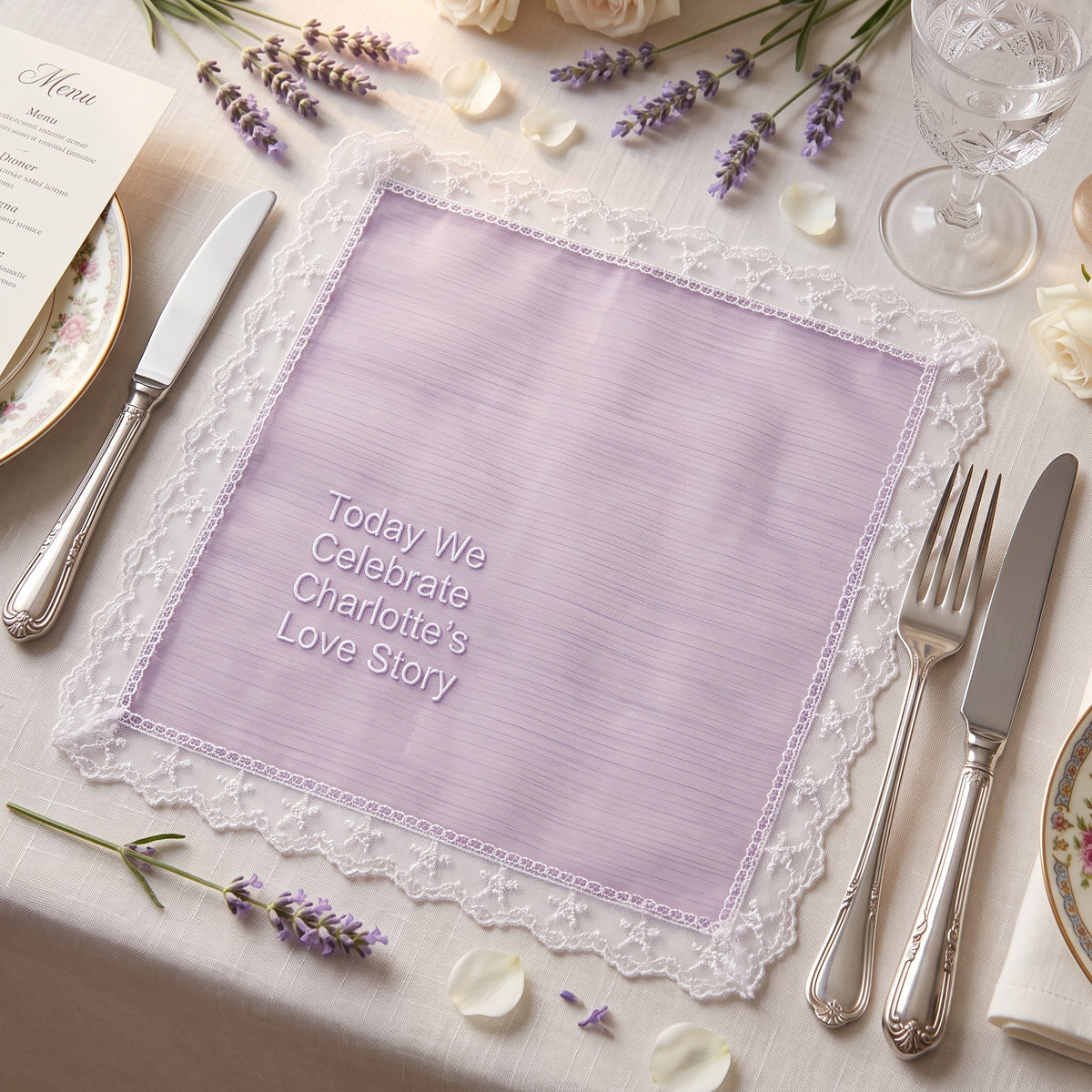 "Today We Celebrate" personalized wedding handkerchief, white embroidery on iridescent lilac organza with lace edge