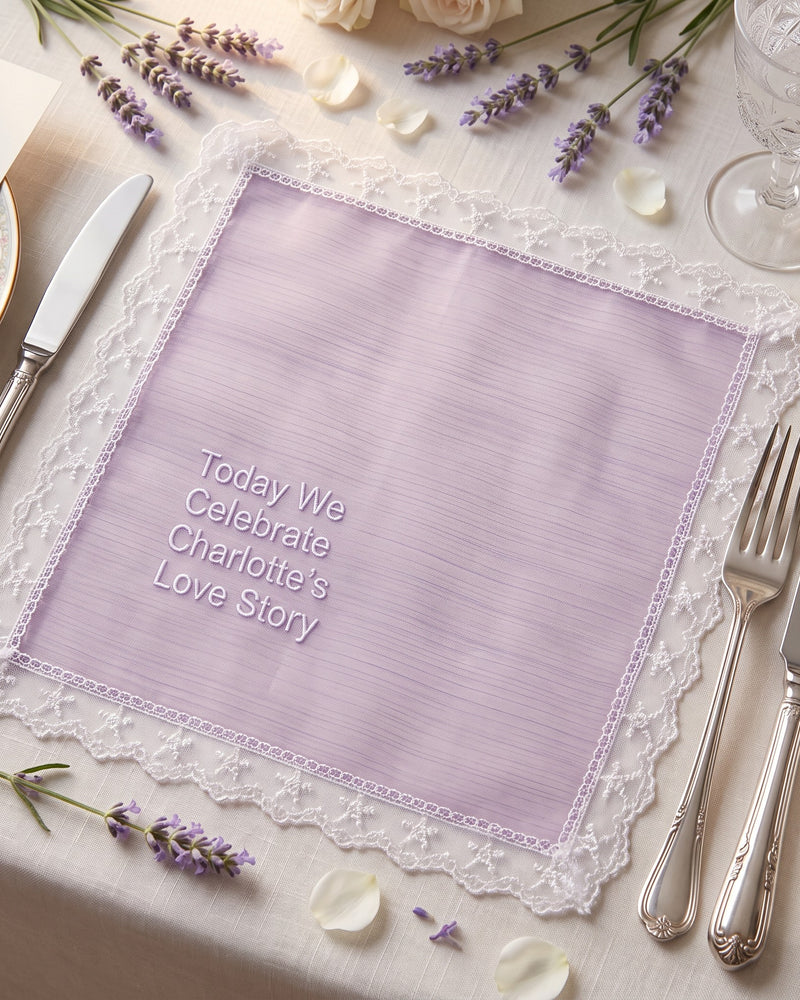 Wholesale "Today We Celebrate Charlotte's Love Story" Wedding Handkerchief, Iridescent Lilac Organza | Bulk Personalized Handkerchiefs, 15+ Pieces