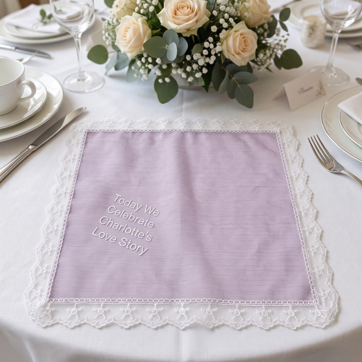 "Today We Celebrate" personalized wedding handkerchief, white embroidery on iridescent lilac organza with lace edge — photo 2