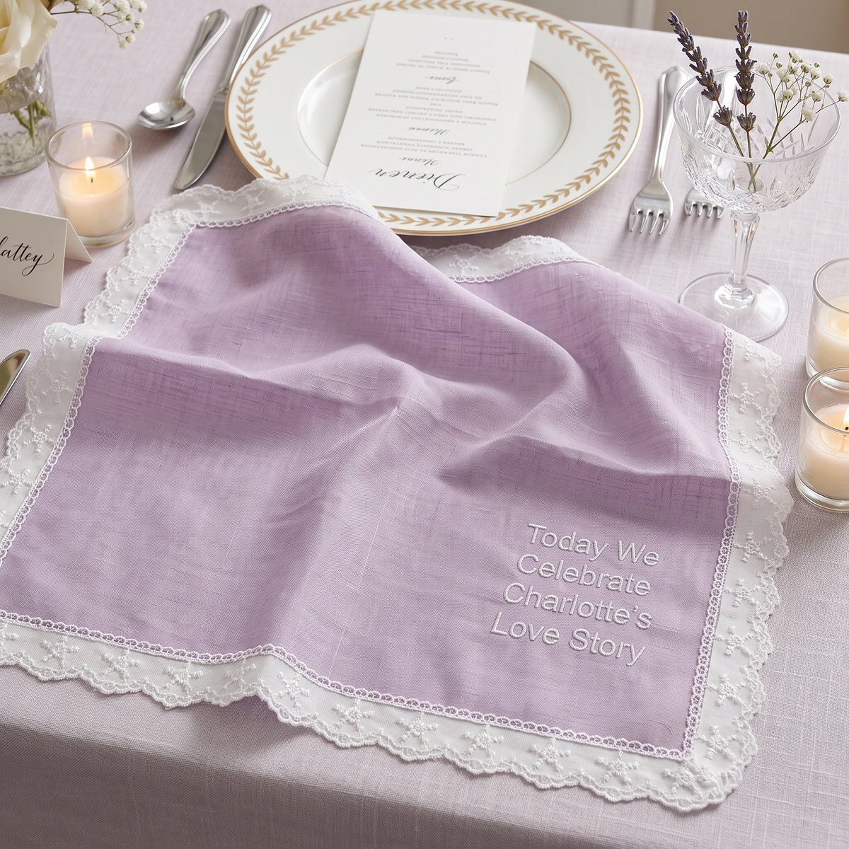 "Today We Celebrate" personalized wedding handkerchief, white embroidery on iridescent lilac organza with lace edge — photo 3