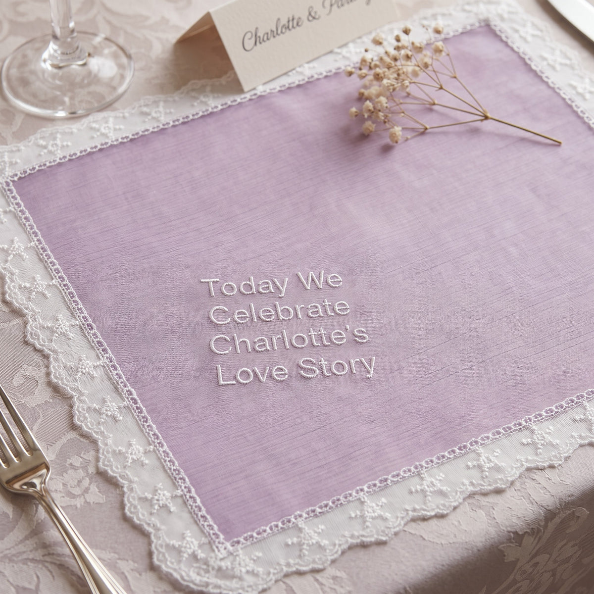 "Today We Celebrate" personalized wedding handkerchief, white embroidery on iridescent lilac organza with lace edge — photo 4