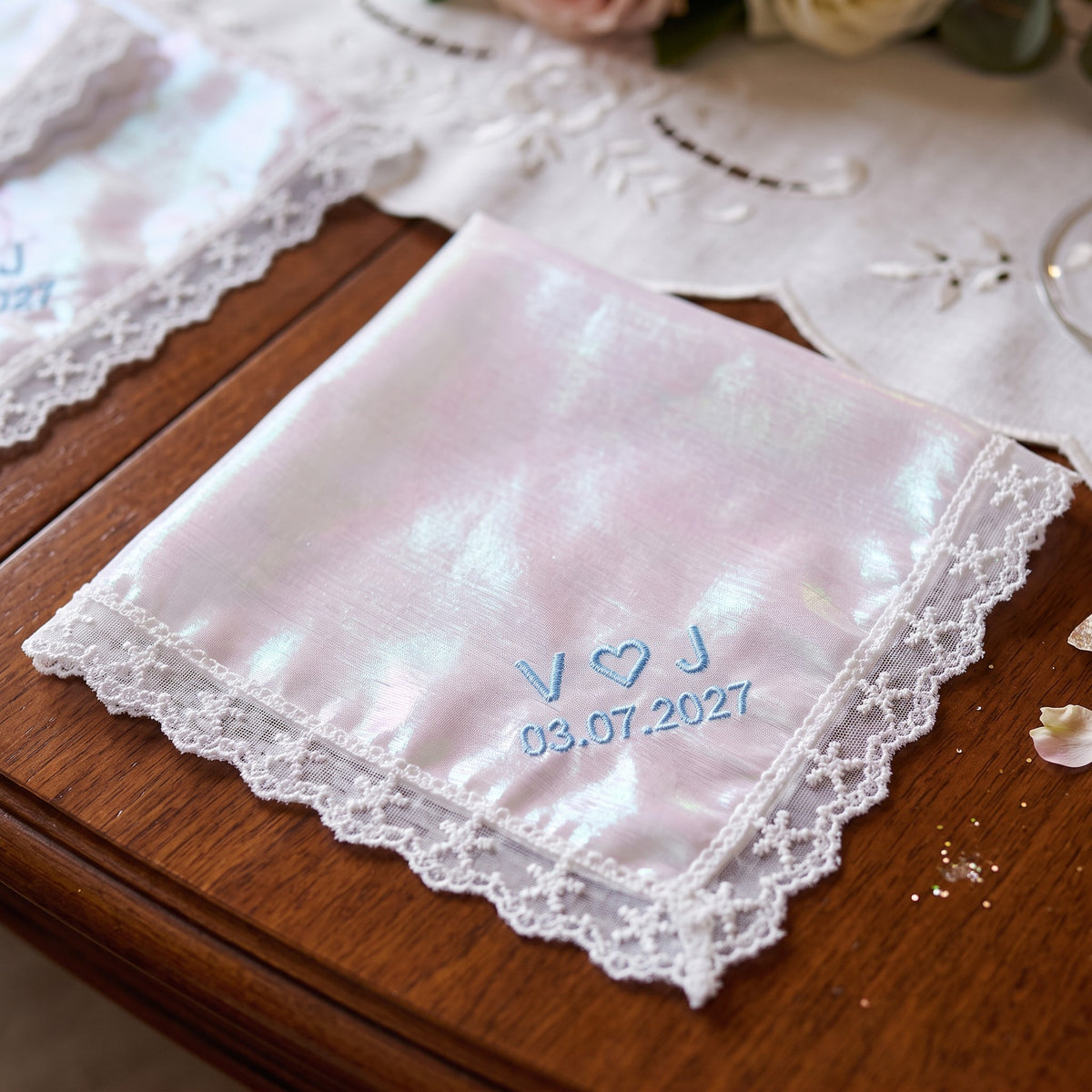 V heart J initials personalized wedding handkerchief, light blue embroidery on rainbow organza with lace edge