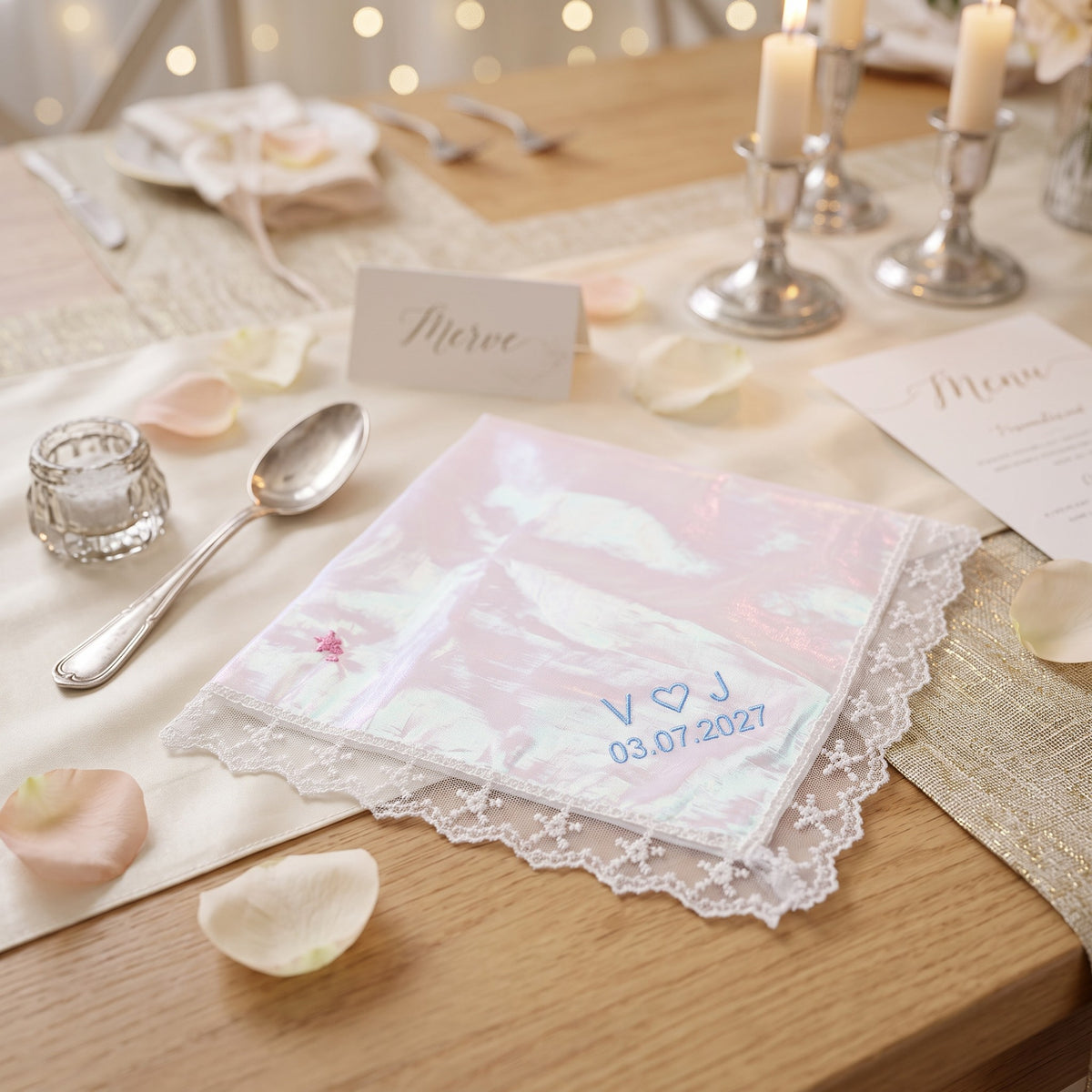 V heart J initials personalized wedding handkerchief, light blue embroidery on rainbow organza with lace edge — photo 3