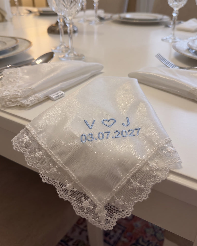 V ♥ J Wedding Handkerchief with Date | Personalized Embroidered Organza Handkerchief, Light Blue on White Organza