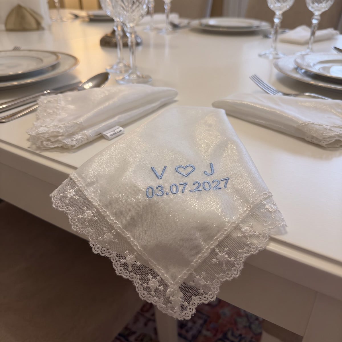 V heart J initials personalized wedding handkerchief, light blue embroidery on white organza with lace edge