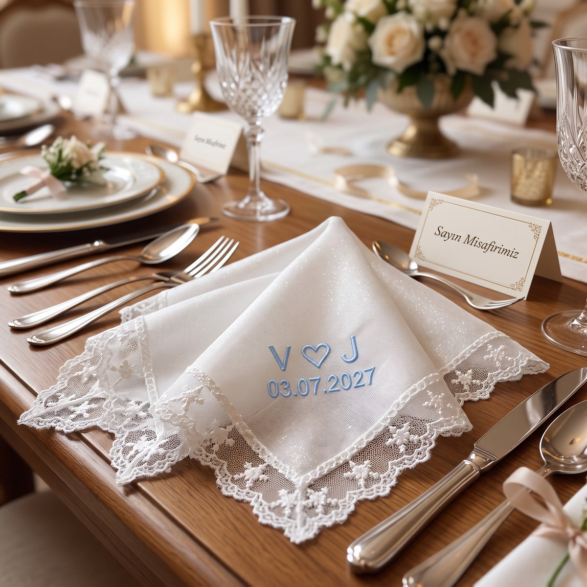 V heart J initials personalized wedding handkerchief, light blue embroidery on white organza with lace edge — photo 2