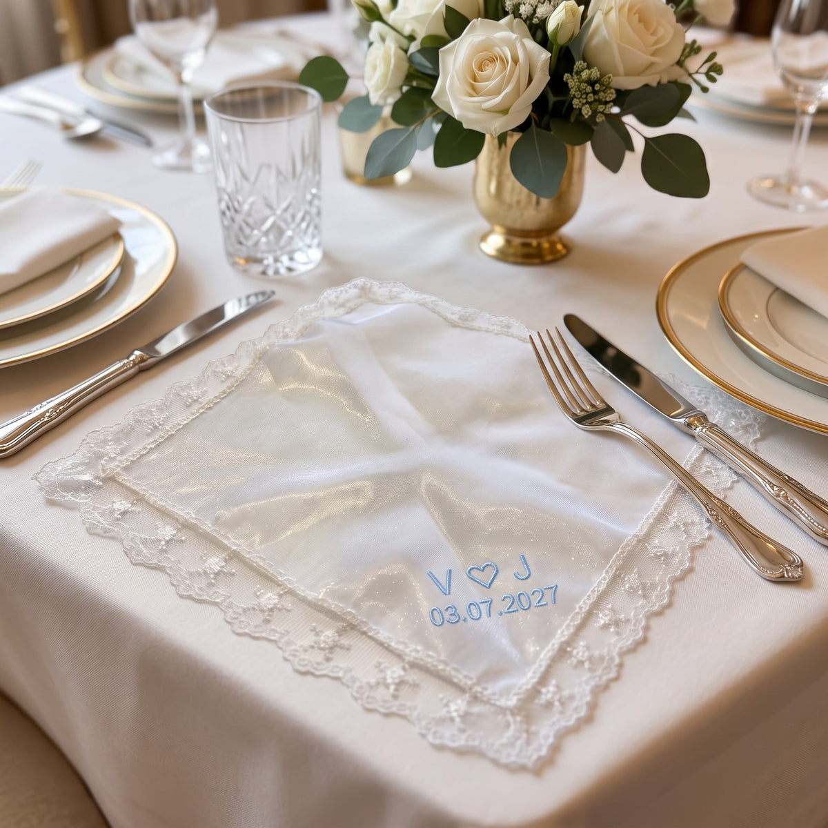 V heart J initials personalized wedding handkerchief, light blue embroidery on white organza with lace edge — photo 4