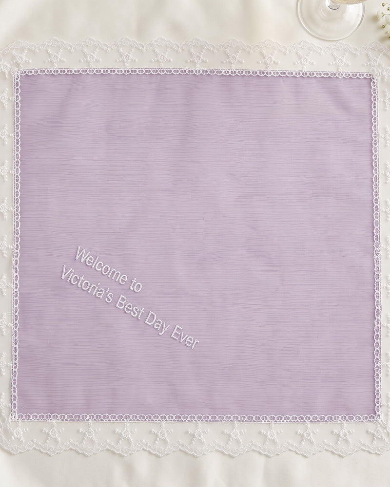 "Welcome to Victoria's Best Day Ever" Wedding Handkerchief | Personalized Embroidered Organza Handkerchief, White on Iridescent Lilac Organza