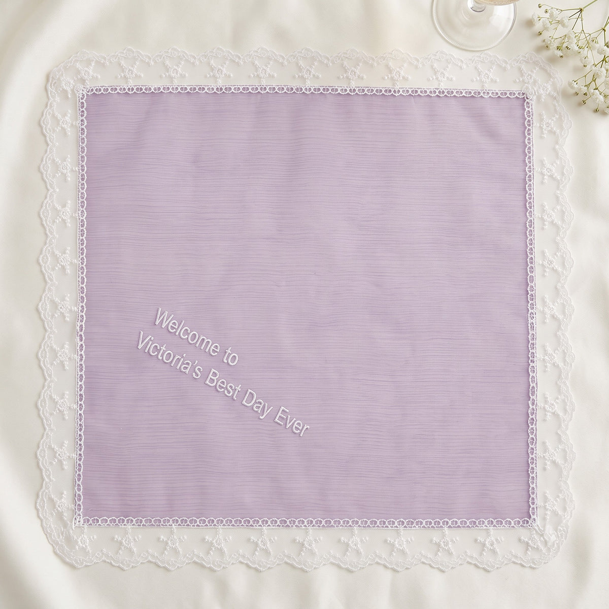 "Victoria's Best Day Ever" personalized wedding handkerchief, white embroidery on iridescent lilac organza with lace edge