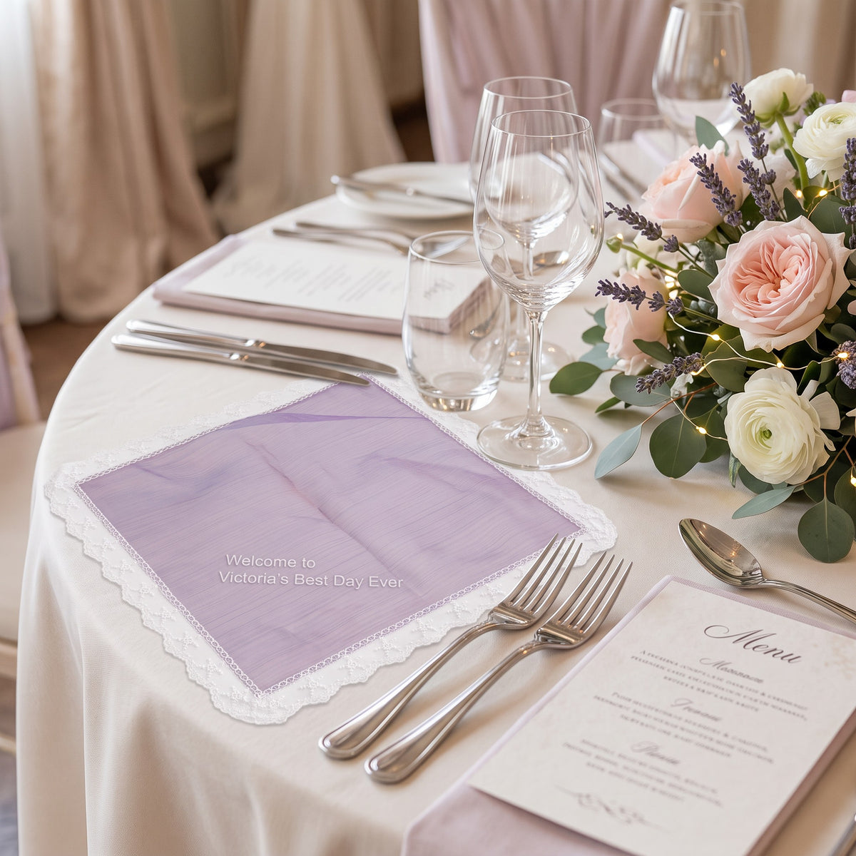 "Victoria's Best Day Ever" personalized wedding handkerchief, white embroidery on iridescent lilac organza with lace edge — photo 2