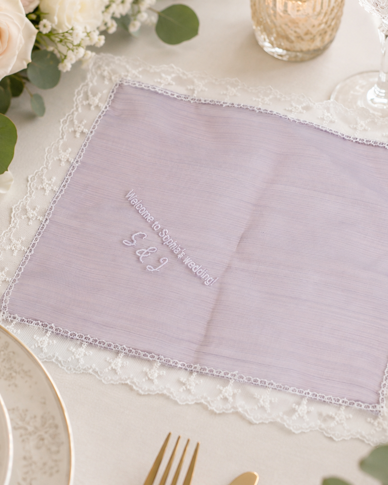Wholesale "Welcome to Sophia's Wedding!" Wedding Handkerchief, Iridescent Lilac Organza | Bulk Personalized Handkerchiefs, 15+ Pieces