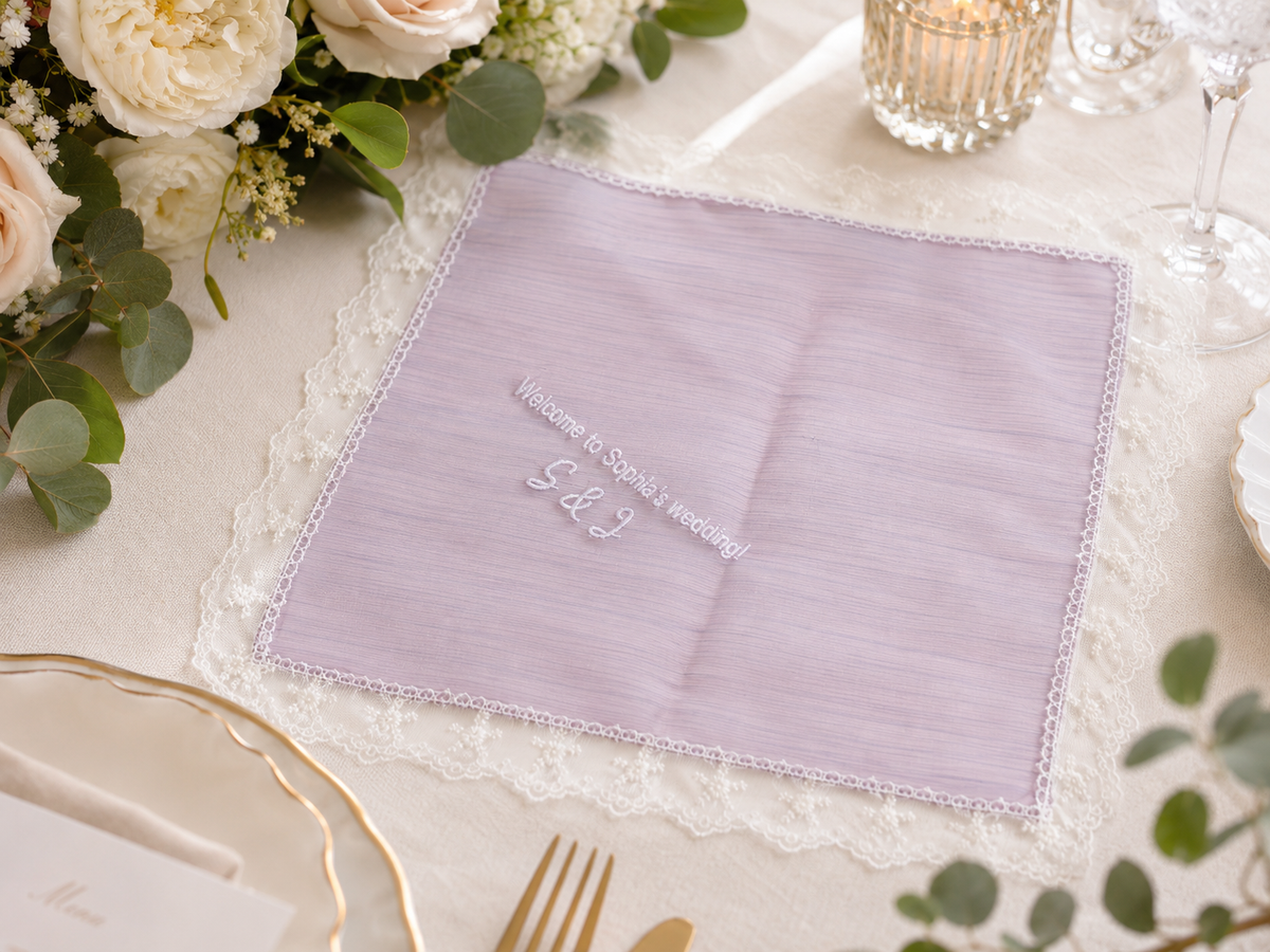"Welcome to Sophia's Wedding" personalized wedding handkerchief, white embroidery on iridescent lilac organza with lace edge — photo 2