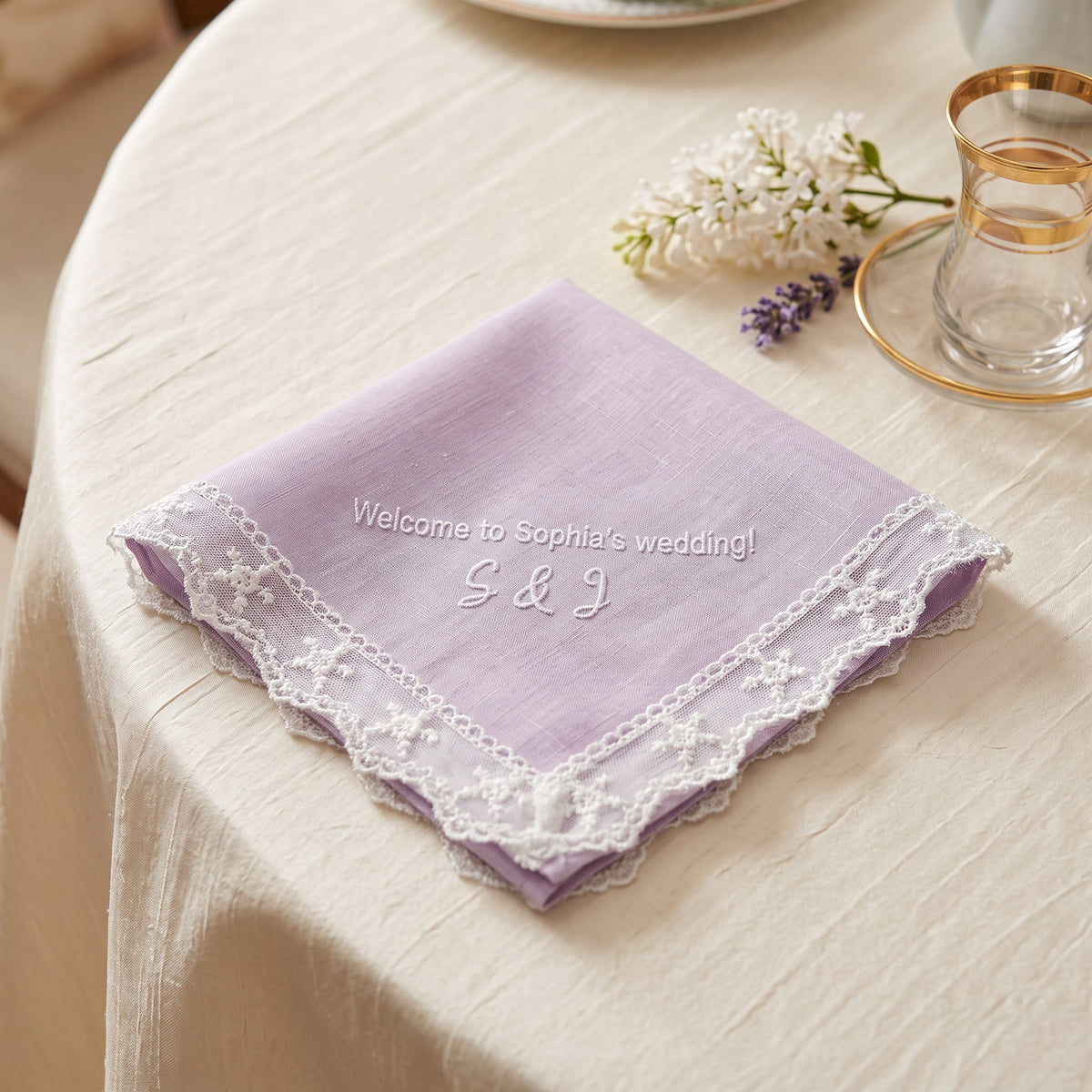 "Welcome to Sophia's Wedding" personalized wedding handkerchief, white embroidery on iridescent lilac organza with lace edge — photo 3