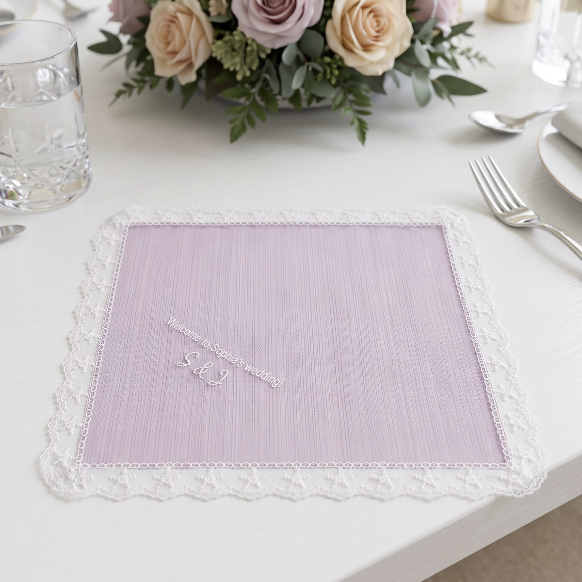 "Welcome to Sophia's Wedding" personalized wedding handkerchief, white embroidery on iridescent lilac organza with lace edge — photo 4