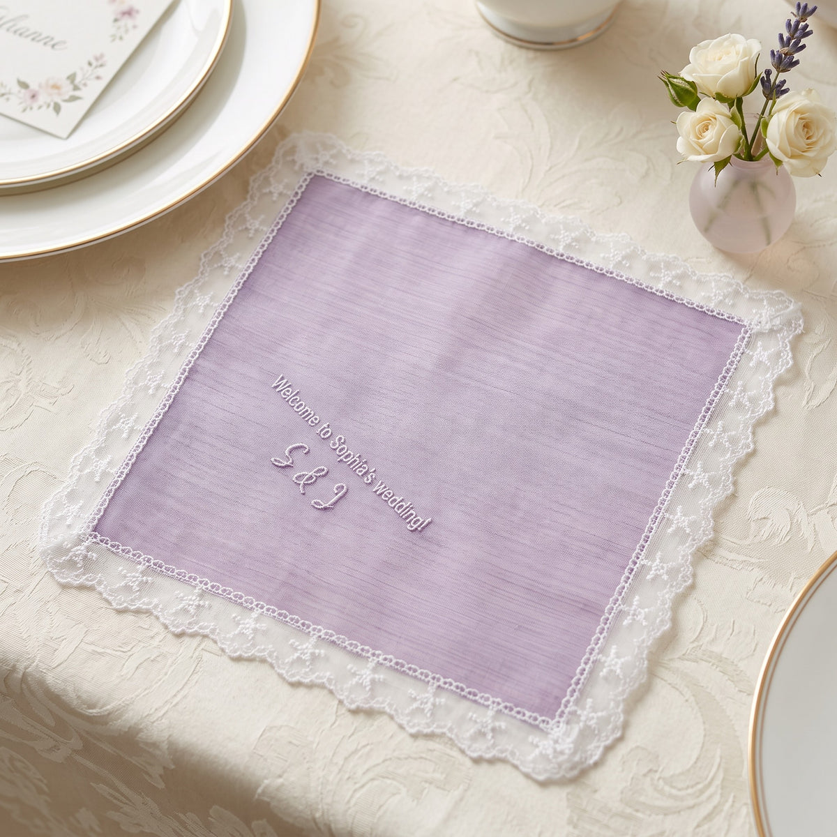 "Welcome to Sophia's Wedding" personalized wedding handkerchief, white embroidery on iridescent lilac organza with lace edge — photo 5