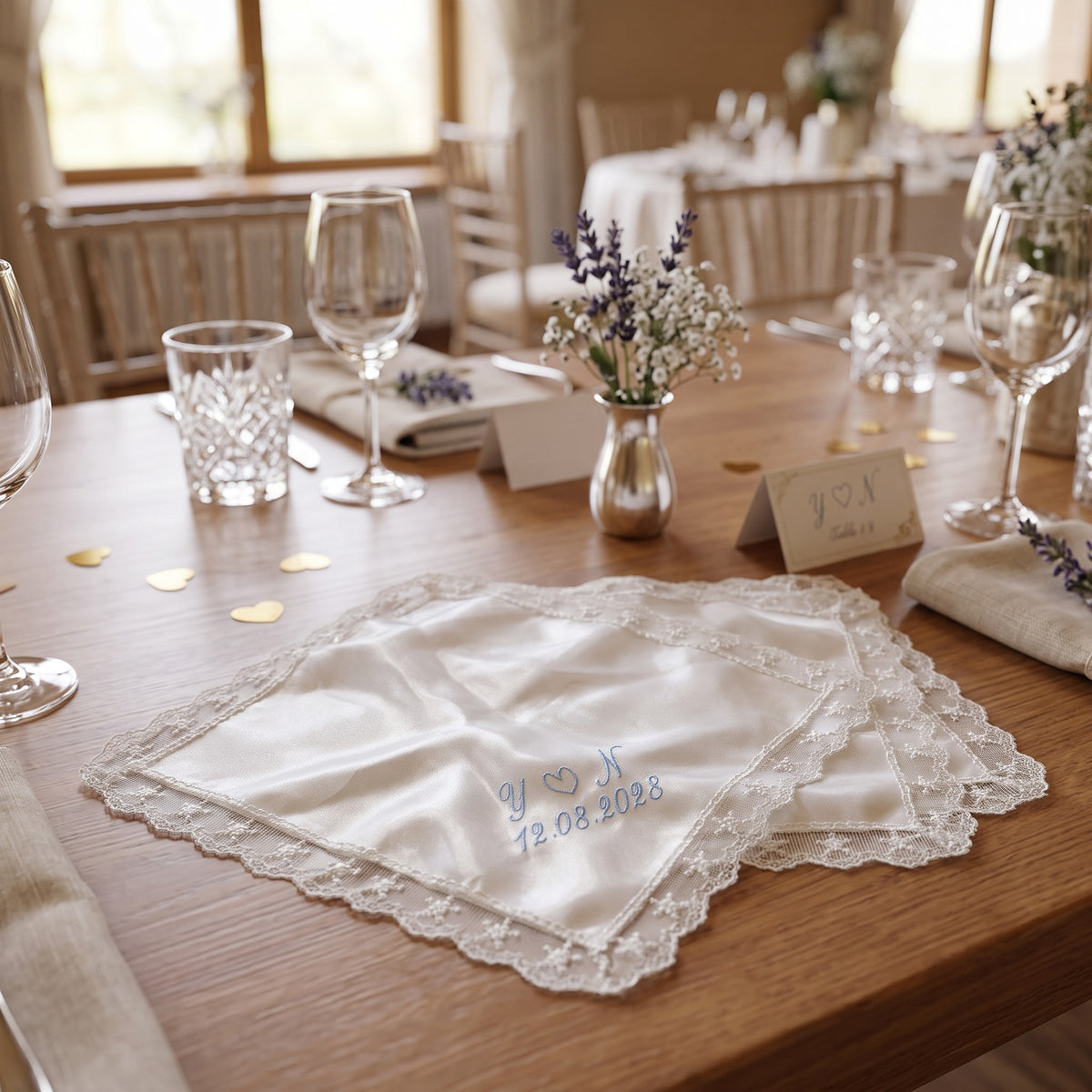 Y heart N initials personalized wedding handkerchief, light blue embroidery on white organza with lace edge
