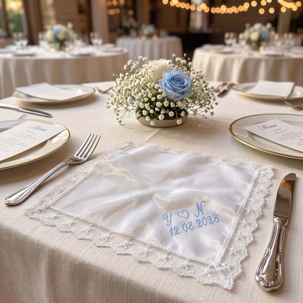 Y heart N initials personalized wedding handkerchief, light blue embroidery on white organza with lace edge — photo 2