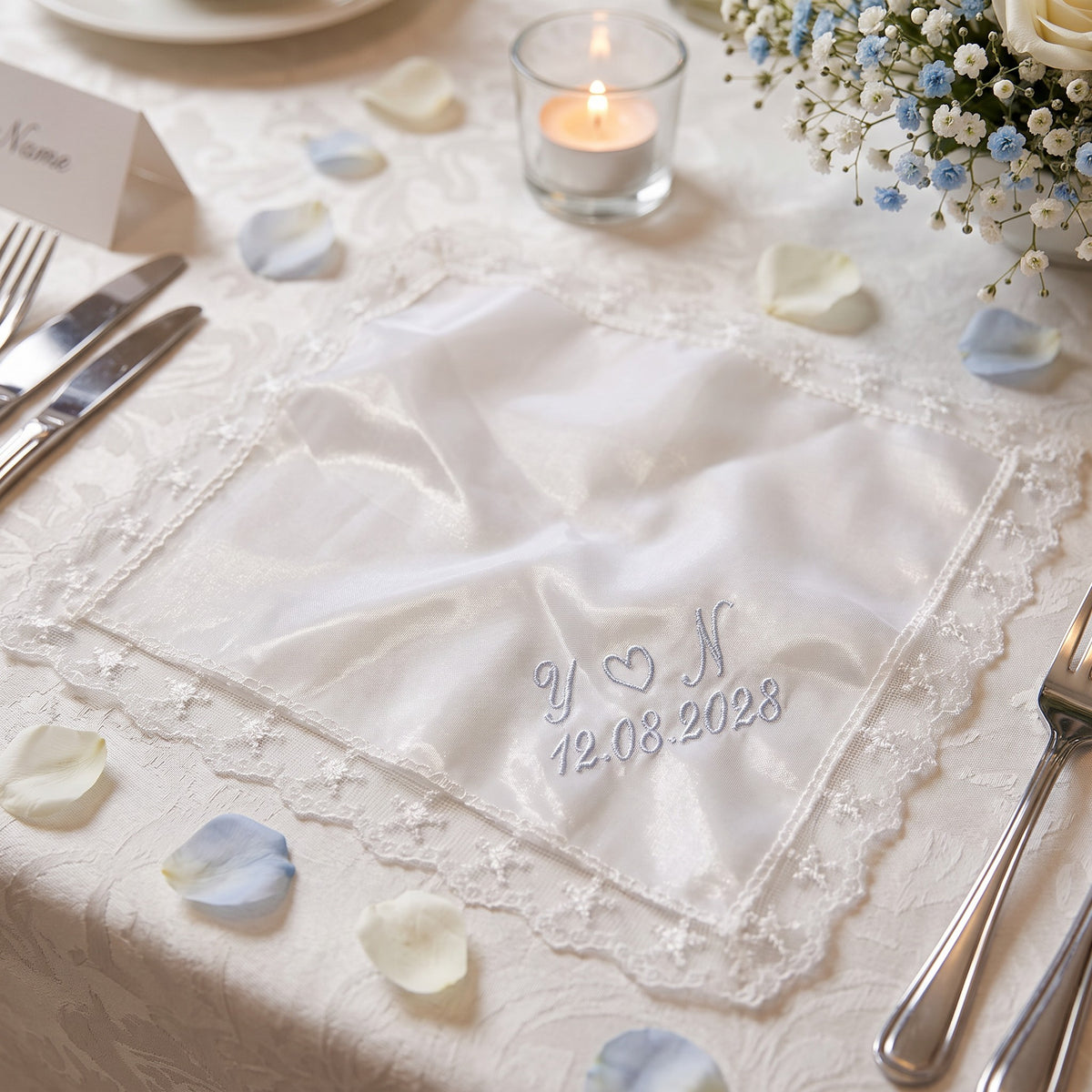Y heart N initials personalized wedding handkerchief, light blue embroidery on white organza with lace edge — photo 3