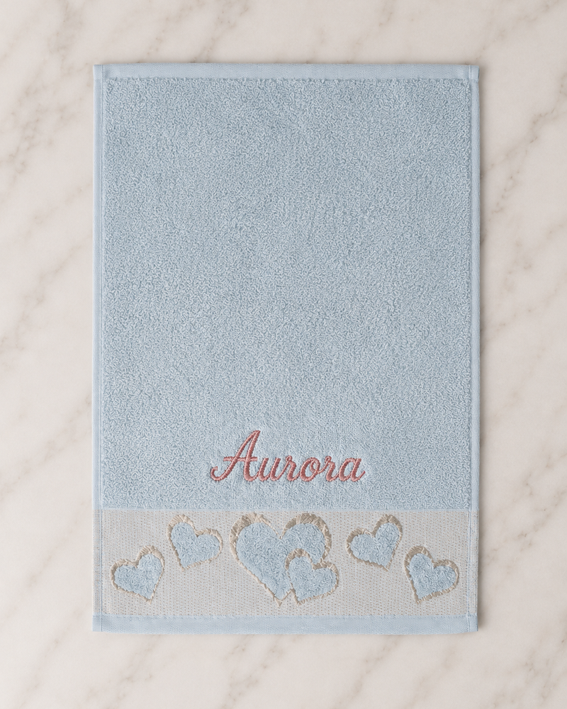 Aurora Embroidered Heart Hand Towel | Personalized Name Towel, Rose pink Script on Baby Blue