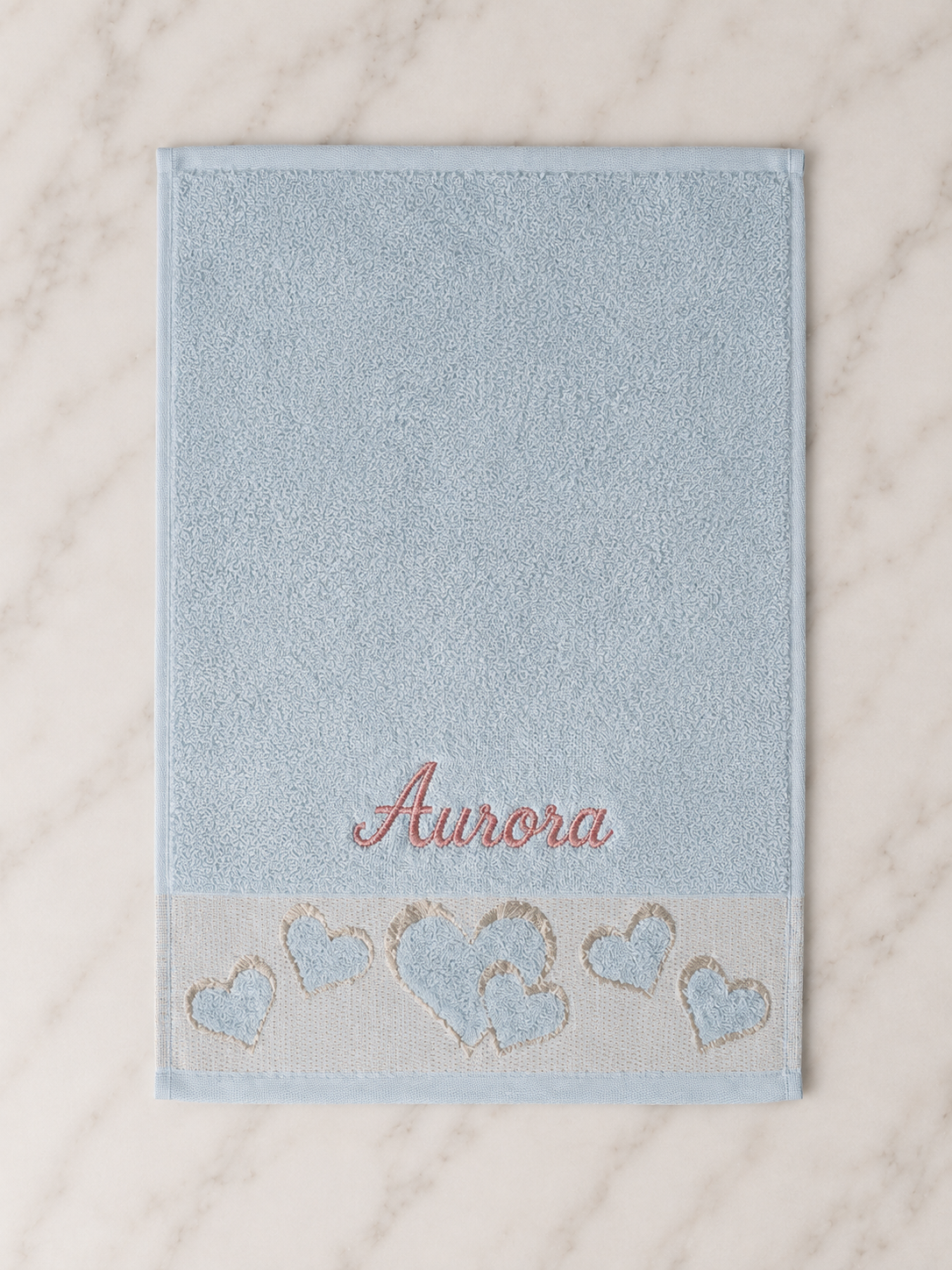 Aurora personalized heart hand towel, rose pink script embroidery on baby blue cotton