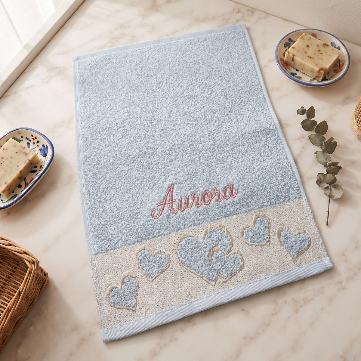 Aurora personalized heart hand towel, rose pink script embroidery on baby blue cotton — photo 2